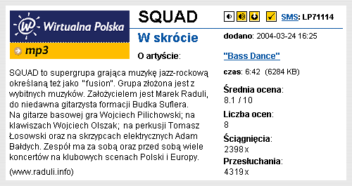  Wirtualna Polska, marzec 2004 r. 
 dane o utworze 'Bass Dance' grupy SQUAD 